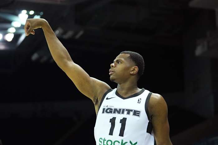 G League Ignite forward Michael Foster Jr. (11) warms up before the game against the Stockton Kings at Stockton Arena.